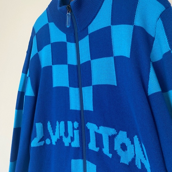 Louis Vuitton Sweater Wool Zipup Jacket Blue LV Knit Damier Mens Large Virgil - Picture 3 of 15